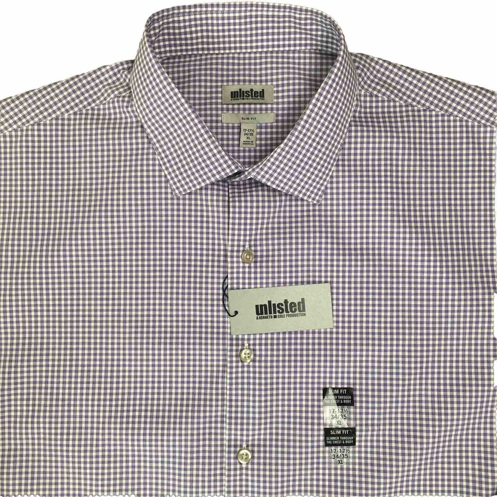 Kenneth Cole Reaction Dress Shirt Mens 17-34/35 Purple Micro Check Slim Fit New!